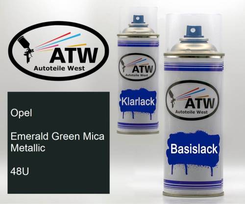 Opel, Emerald Green Mica Metallic, 48U: 400ml Sprühdose + 400ml Klarlack - Set, von ATW Autoteile West.